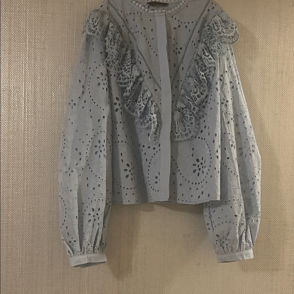 Zara Light Blue Eyelet Ruffle Blouse